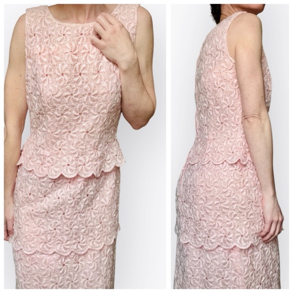 Vintage 1960s Powder Pink Floral Lace Sleeveless Sheath Midi Dress, sz. S - Picture 11 of 17